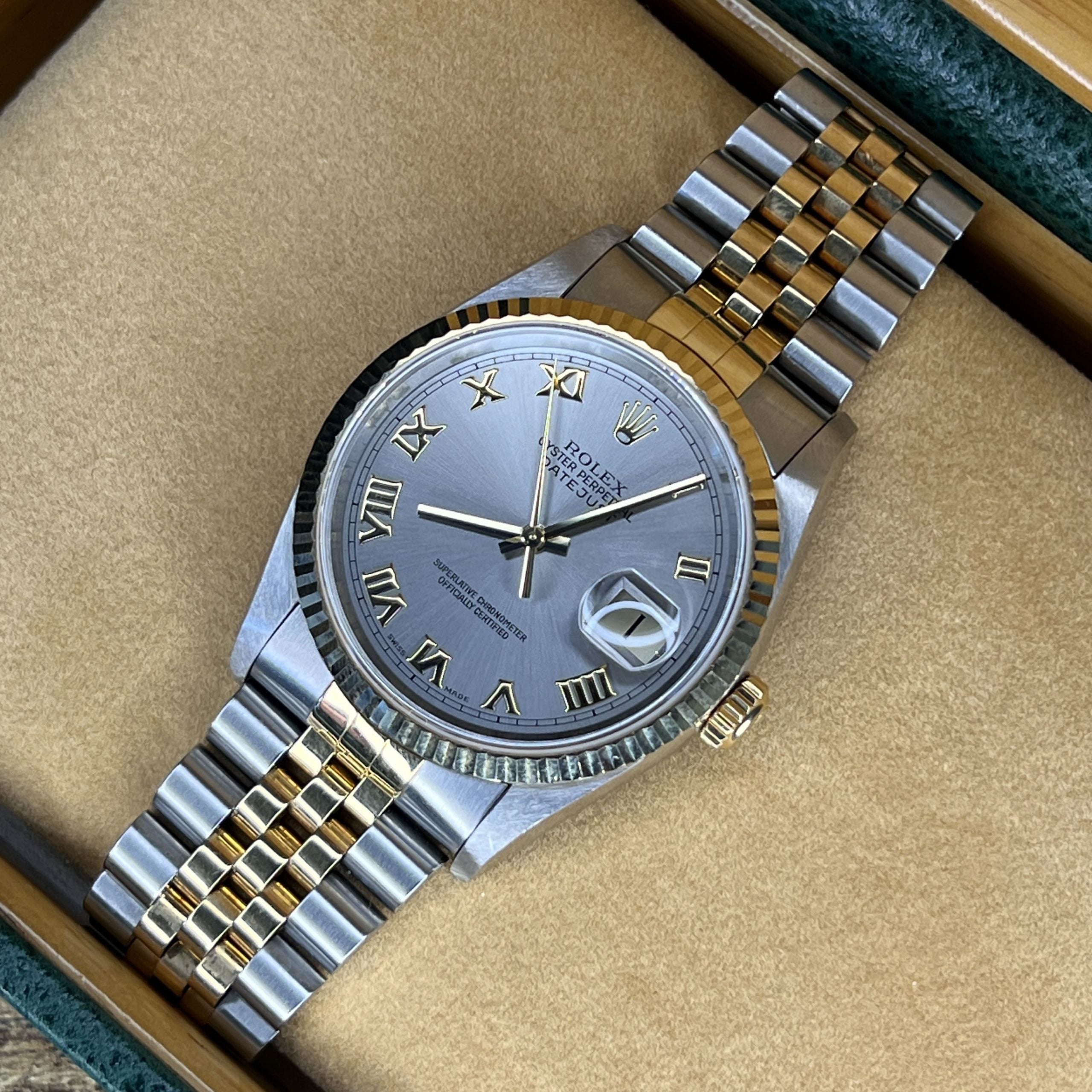 Rolex 36mm DateJust Steel & Gold Sunburst Grey Dial 16233