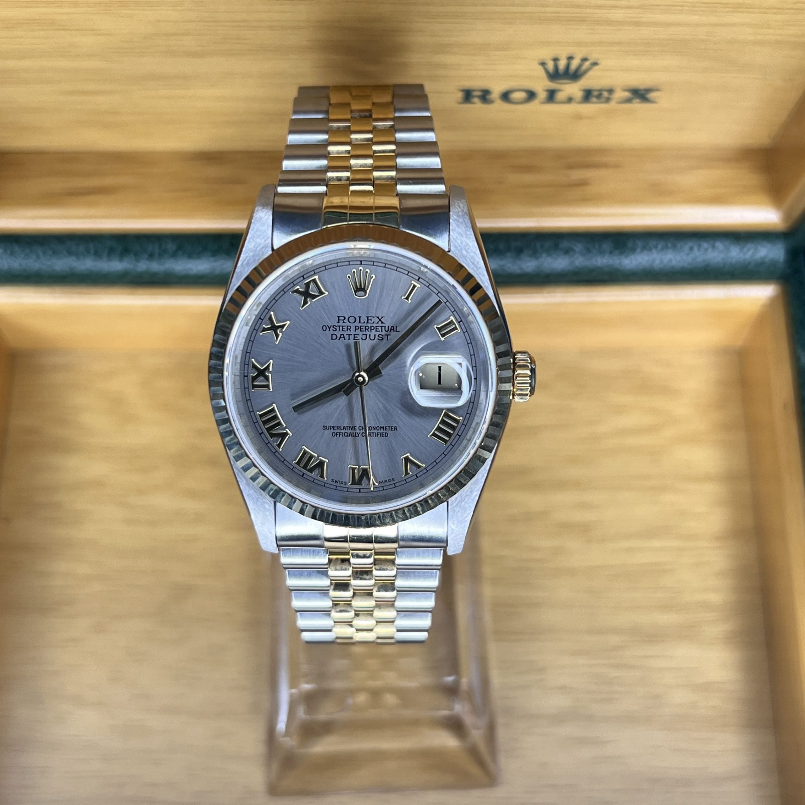 Rolex 36mm DateJust Steel & Gold Sunburst Grey Dial 16233